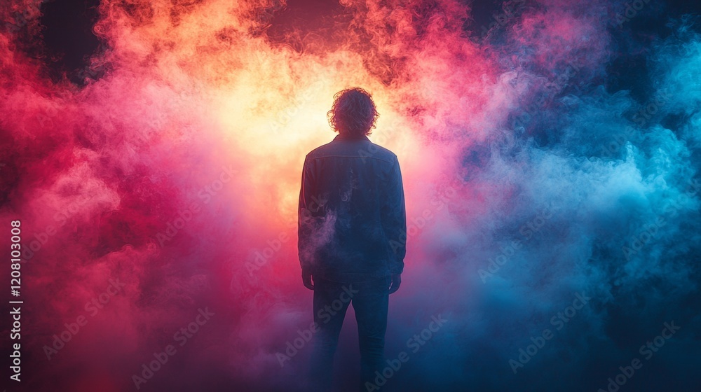 Silhouette of a person surrounded by glowing colorful mist Silhouette of a person surrounded by glowing colorful mist