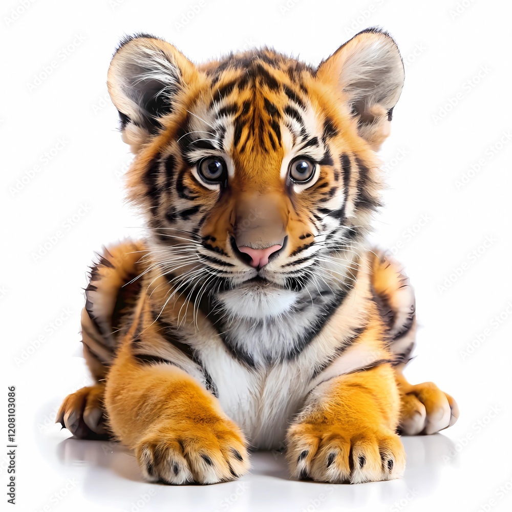 Fototapeta premium Adorable Baby Tiger on White Background Wildlife Art