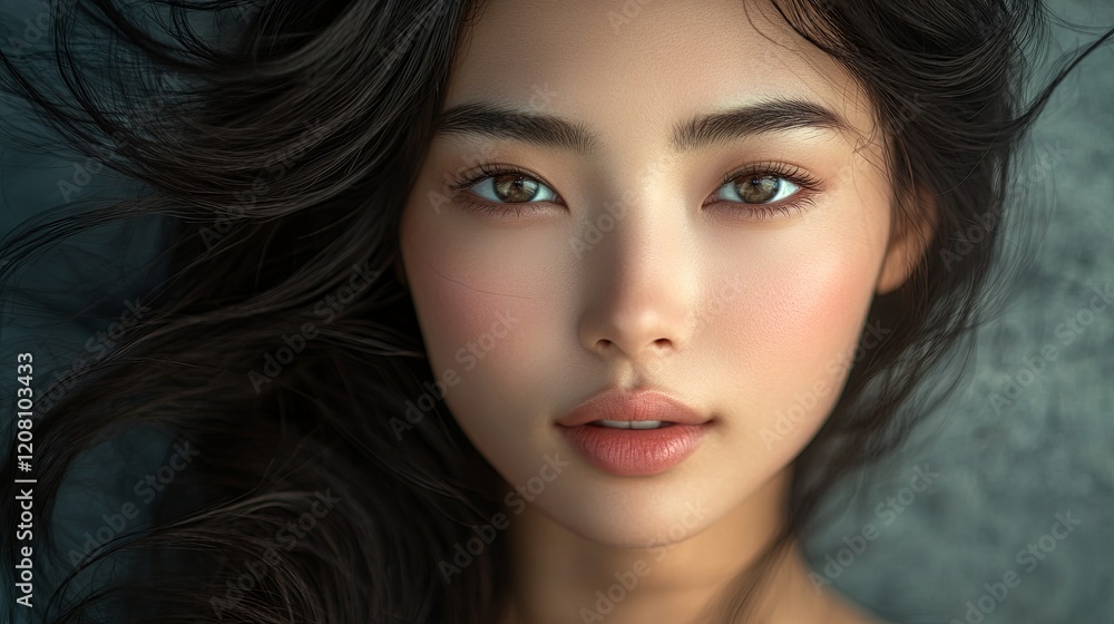 Fototapeta premium A photorealistic portrait of an Asian woman with smooth, vibrant hair and a flawless complexion