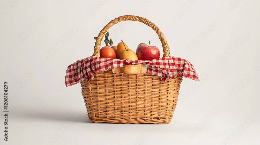 A picnic basket with fruits on a light background, area for text A picnic basket with fruits on a light background, area for text