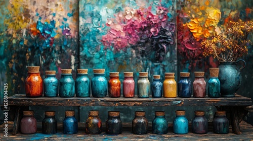 Colorful jars of spices and flowers on a rustic wooden shelf photo