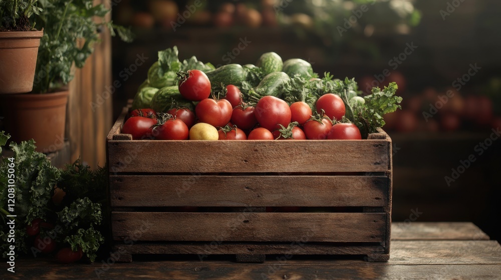 Wooden crate filled with fresh red tomatoes and green herbs on a rustic wooden surface Wooden crate filled with fresh red tomatoes and green herbs on a rustic wooden surface