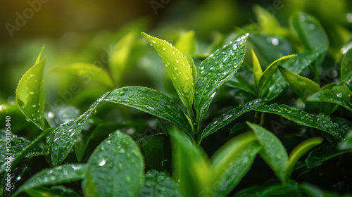 Fresh Green Tea Leaves Glistening with Water Drops in Beautiful Botanical Garden Setting for Natural and Organic Lifestyle Themes