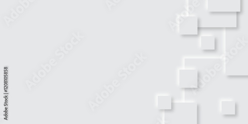 Abstract white square shape with futuristic concept background. multiple gray paper overlap on the gray background with silver color square pattern on banner with shadow. Paper texture background.