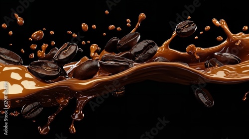 Roasted Coffee Beans in Splashes of Delicious Coffee Cut Out

 photo