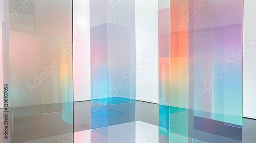 A room with a lot of glass walls and a lot of different colors