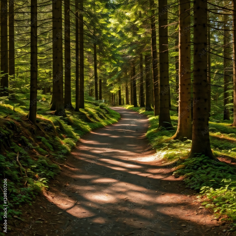 Fototapeta premium Winding forest path illuminated by sunlight through trees