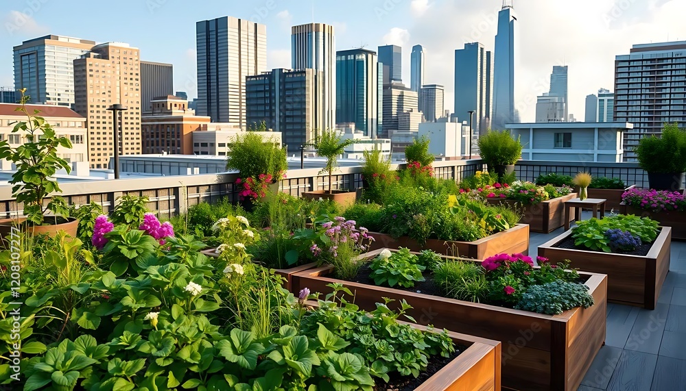 Fototapeta premium Urban Rooftop Garden with City Skyline View