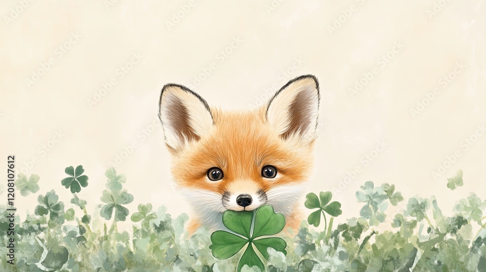 Obraz premium A playful fox cub peeking out from behind a green shamrock, on a clean, soft beige background