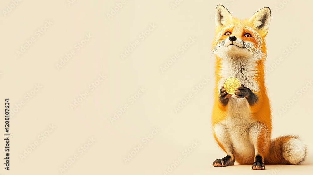 Fototapeta premium A playful fox holding a small gold coin, standing on a bright neutral background with room for text