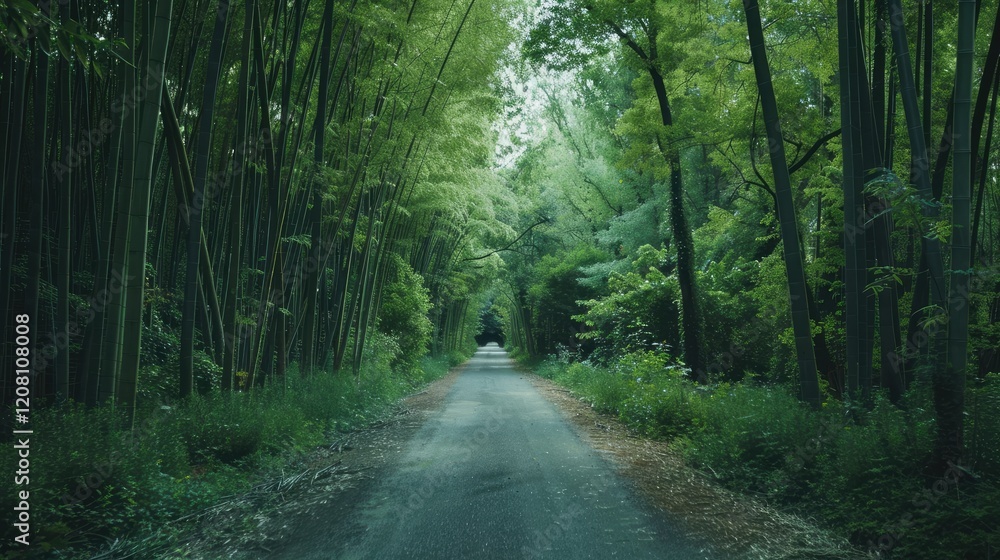 Naklejka premium A narrow road surrounded by tall green bamboo trees, stretching into the distance into a quiet forest, creating an atmosphere of tranquility and tranquility