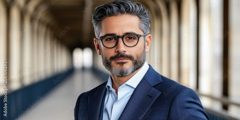 Fototapeta premium Confident mature man in a navy suit standing in a grand architectural hallway. Concept of professionalism, leadership, and success.