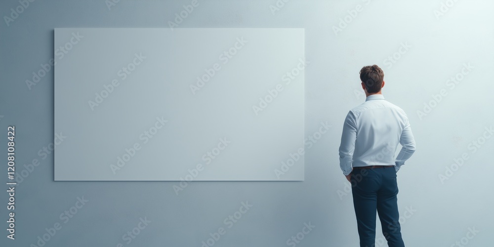 Man standing in front of a blank white wall, contemplating possibilities and ideas. Concept of creativity, inspiration, and decision-making. Man standing in front of a blank white wall, contemplating possibilities and ideas. Concept of creativity, inspiration, and decision-making.
