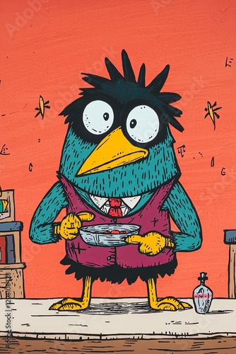 Cartoon illustration of a quirky bird character in formal attire enjoying a bowl of soup with an orange background