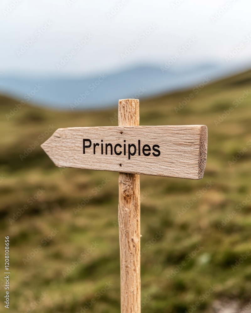 Rustic Wooden Signpost Principles Engraved on Natural Timber - Visual Storytelling for Corporate Ideology and Motivational Brand Communication in Business Landscapes Rustic Wooden Signpost Principles Engraved on Natural Timber - Visual Storytelling for Corporate Ideology and Motivational Brand Communication in Business Landscapes