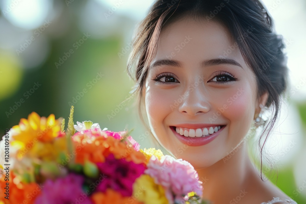 Joyful Bride Smiling with Vibrant Flower Bouquet Joyful Bride Smiling with Vibrant Flower Bouquet