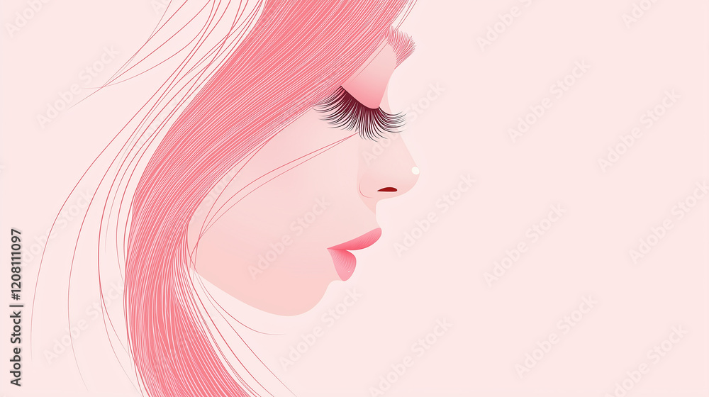 Logo design: vector image of a female face with long pink hair and eyelashes on a white background Logo design: vector image of a female face with long pink hair and eyelashes on a white background