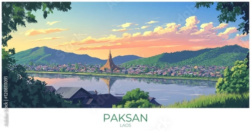 Paksan Laos Travel Poster Flat Illustration Print Decor Gift Canvas Wall Art photo