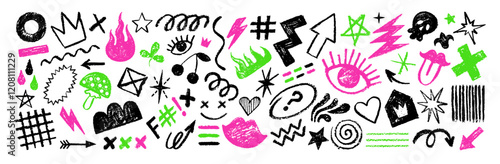 Punk doodle hand drawn vector. Grunge grafitti with rock heart star fire arrow skull. Sketch crayon icon tattoo. Scribble marker art. Line, shape punk doodle grafitti with rock music element. Chalk bg