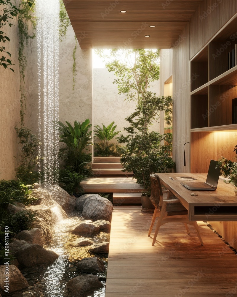 Fototapeta premium Zen Office Retreat: A serene and modern home office nestled amidst a tranquil indoor garden with a cascading waterfall, providing a calming and inspiring workspace. 