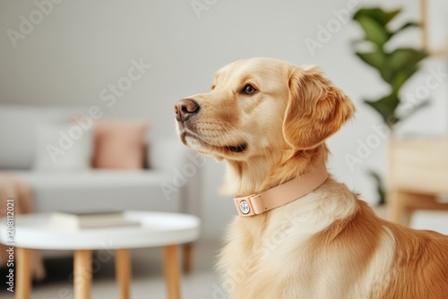 Eco-Chic Pet Safety Gear Golden Retriever Puppy in Soft-Tone Collar with GPS and ID Tags - Modern Home Security and Sustainability for Pet Owners photo