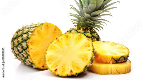 Fresh Pineapple Slices Isolated on White Background with Leaves. 16:9 Cut Pineapple Fruit for Refreshing Summer Vibes photo