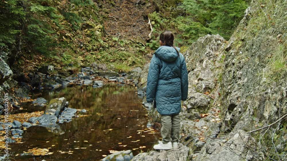 A Serene Moment As An Eight-Year-Old Girl In A Warm Autumn Jacket Gazes At A Waterfall In A Peaceful Mountain Forest. The Scene Highlights The Tranquil Fall Landscape Surrounded By Vibrant Colors. A Serene Moment As An Eight-Year-Old Girl In A Warm Autumn Jacket Gazes At A Waterfall In A Peaceful Mountain Forest. The Scene Highlights The Tranquil Fall Landscape Surrounded By Vibrant Colors.
