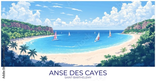 Anse des cayes Saint-barthelemy Travel Poster Flat Illustration Print Decor Gift Canvas Wall Art photo