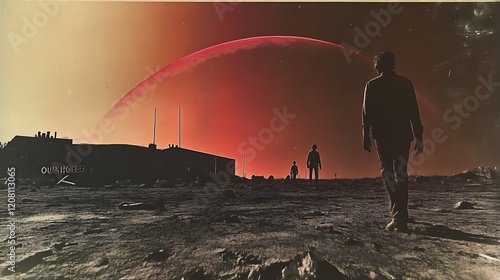 Silhouetted figures walk towards a large red planet and building photo