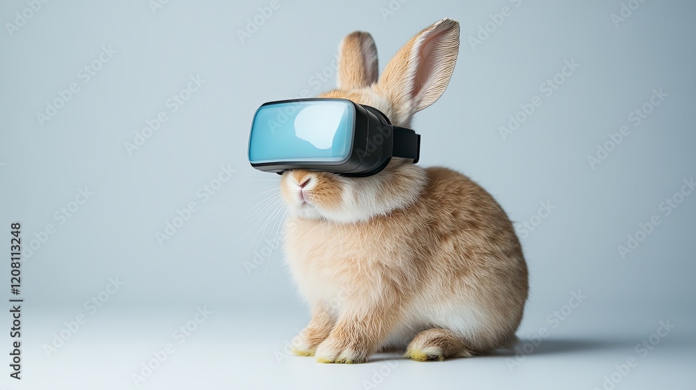 A rabbit wearing futuristic VR goggles, sitting on a minimalist white surface A rabbit wearing futuristic VR goggles, sitting on a minimalist white surface