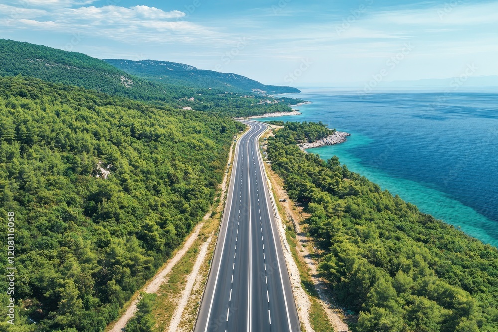 Obraz premium The view from above is of a straight highway with the sea on one side and the forest on the other. Beautiful nature