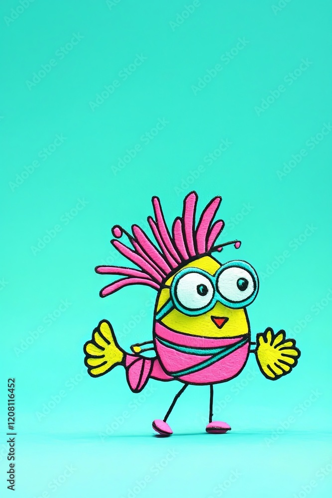 Naklejka premium Colorful cartoon fish character with big eyes and vibrant fins swimming against a turquoise background