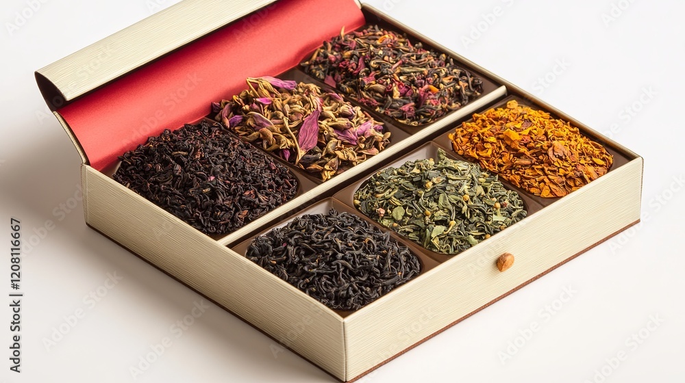 A selection of exotic teas in a gift set on a light background, room for text