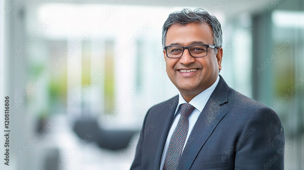 Confident Indian Businessman Smiling Warmly in Modern Office Setting