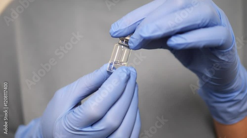 Doctor wearing blue nitrile gloves carefully holding small glass medical vial with clear liquid medicine, focusing on hygiene and precision while detailed view of medical vial in healthcare setting.