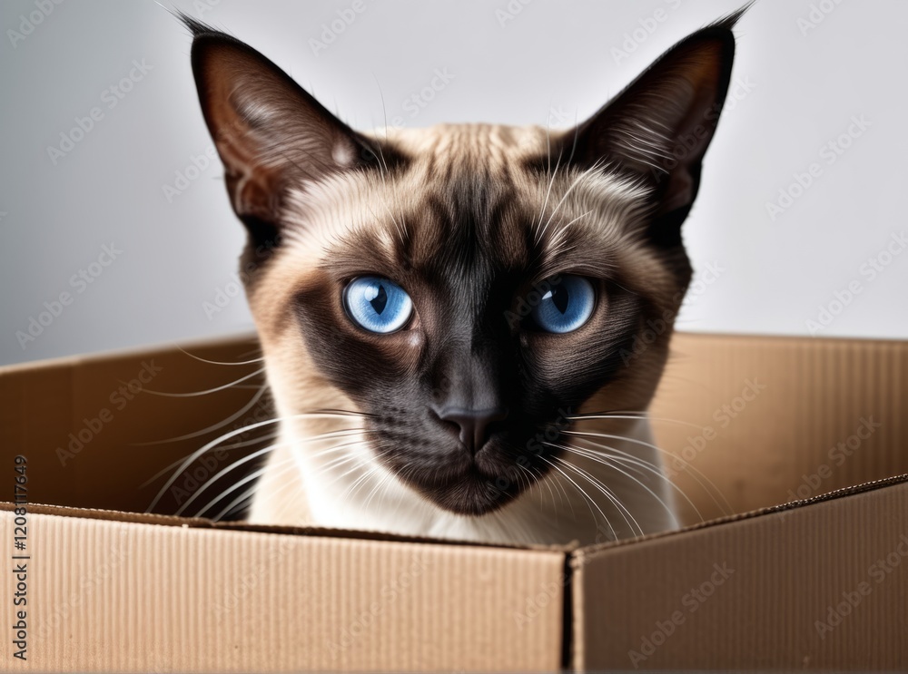Curious Siamese cat perched in a cardboard box with striking blue eyes Curious Siamese cat perched in a cardboard box with striking blue eyes