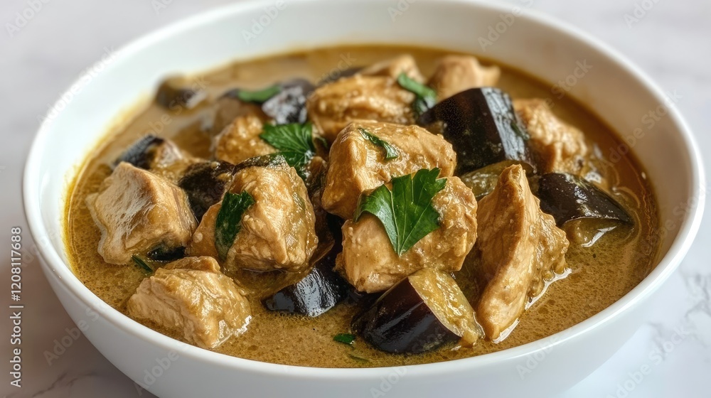 Authentic green curry with chicken and Thai eggplants in a white bowl Authentic green curry with chicken and Thai eggplants in a white bowl