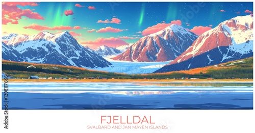 Fjelldal Svalbard and jan mayen islands Travel Poster Flat Illustration Print Decor Gift Canvas Wall Art photo