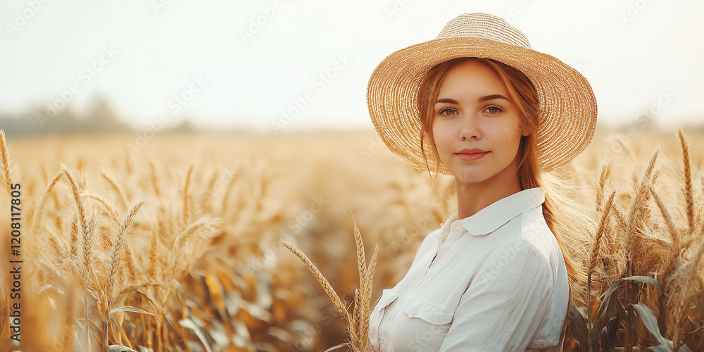 Obraz premium Young woman in wheat field golden hour portrait photography rural environment soft lighting natural beauty concept for seo impact