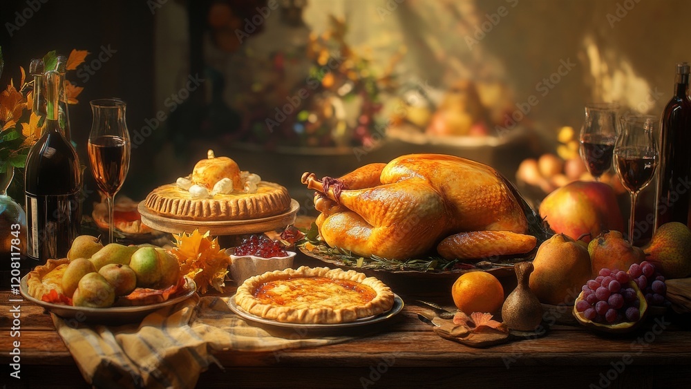 Fototapeta premium Thanksgiving Feast with Roast Turkey, Pies, and Fresh Fruits