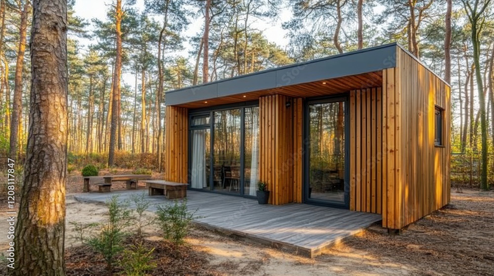 Modern wooden cabin in forest surrounded by tall trees and nature Modern wooden cabin in forest surrounded by tall trees and nature