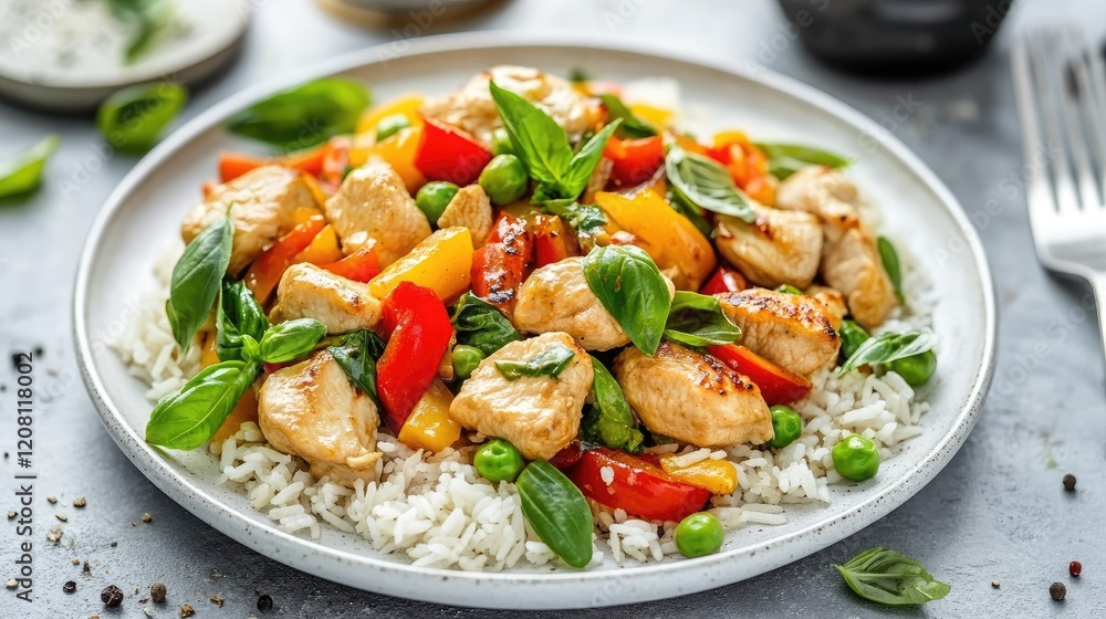 Authentic Thai basil chicken stir-fry with jasmine rice on a white plate Authentic Thai basil chicken stir-fry with jasmine rice on a white plate
