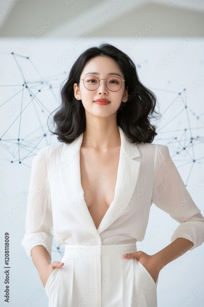 Contemporary Professional Portrait Young Asian Woman in Elegant White Suit with Minimalist Geometric Background - Modern Business Profile and Digital Branding Aesthetic Contemporary Professional Portrait Young Asian Woman in Elegant White Suit with Minimalist Geometric Background - Modern Business Profile and Digital Branding Aesthetic