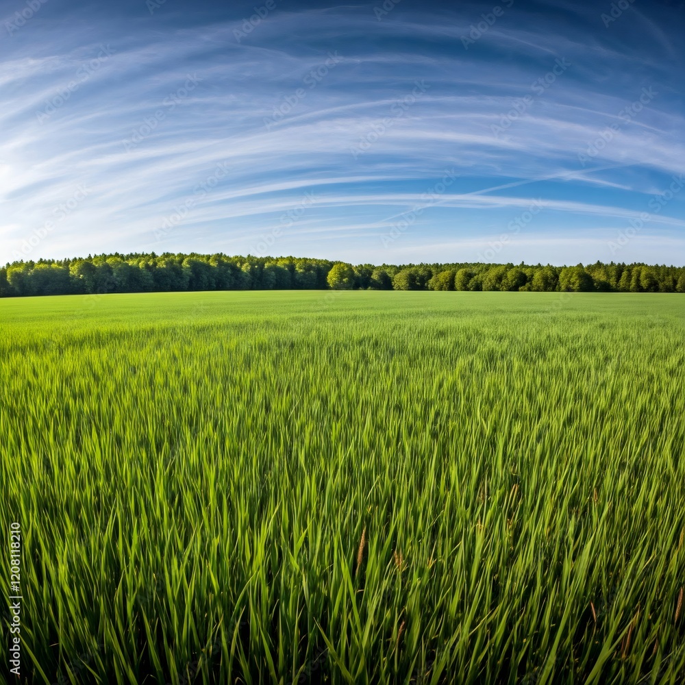Obraz premium Green rice paddy field growing under scenic cloudy sky