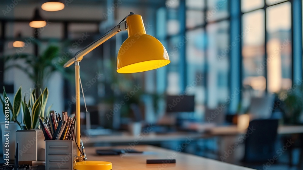 Yellow desk lamp illuminates modern office workspace at dusk