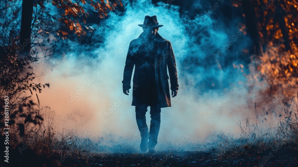 Mysterious Figure Wandering Through Foggy Forest at Night Mysterious Figure Wandering Through Foggy Forest at Night