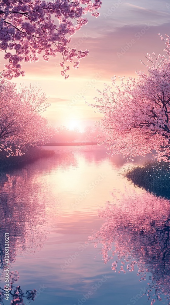 Fototapeta premium A serene sunrise over a calm river with cherry blossoms blooming along the banks