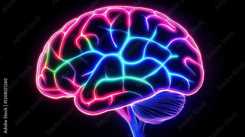 Neon brain creative neural on black background. A vibrant, neon illustration of a brain, showcasing intricate neural pathways and connections in bright colors against a dark background. Neon brain creative neural on black background. A vibrant, neon illustration of a brain, showcasing intricate neural pathways and connections in bright colors against a dark background.