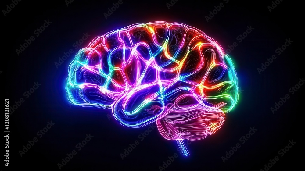 Abstract glowing brain, vivid neural patterns in neon, black space, 3D illustration Abstract glowing brain, vivid neural patterns in neon, black space, 3D illustration