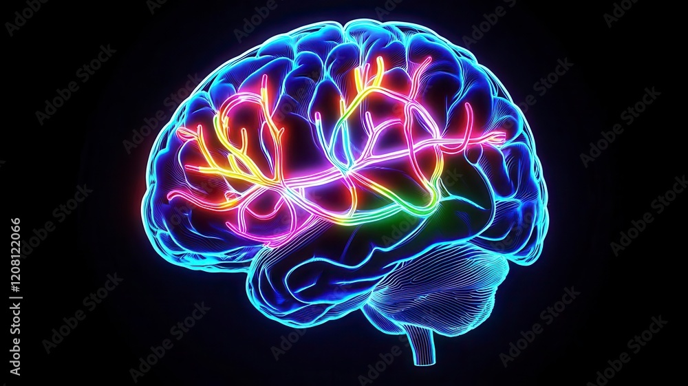 Neon brain creative neural on black background. A vibrant, neon-colored illustration of a brain, highlighting neural connections with colorful lines against a dark background. Neon brain creative neural on black background. A vibrant, neon-colored illustration of a brain, highlighting neural connections with colorful lines against a dark background.